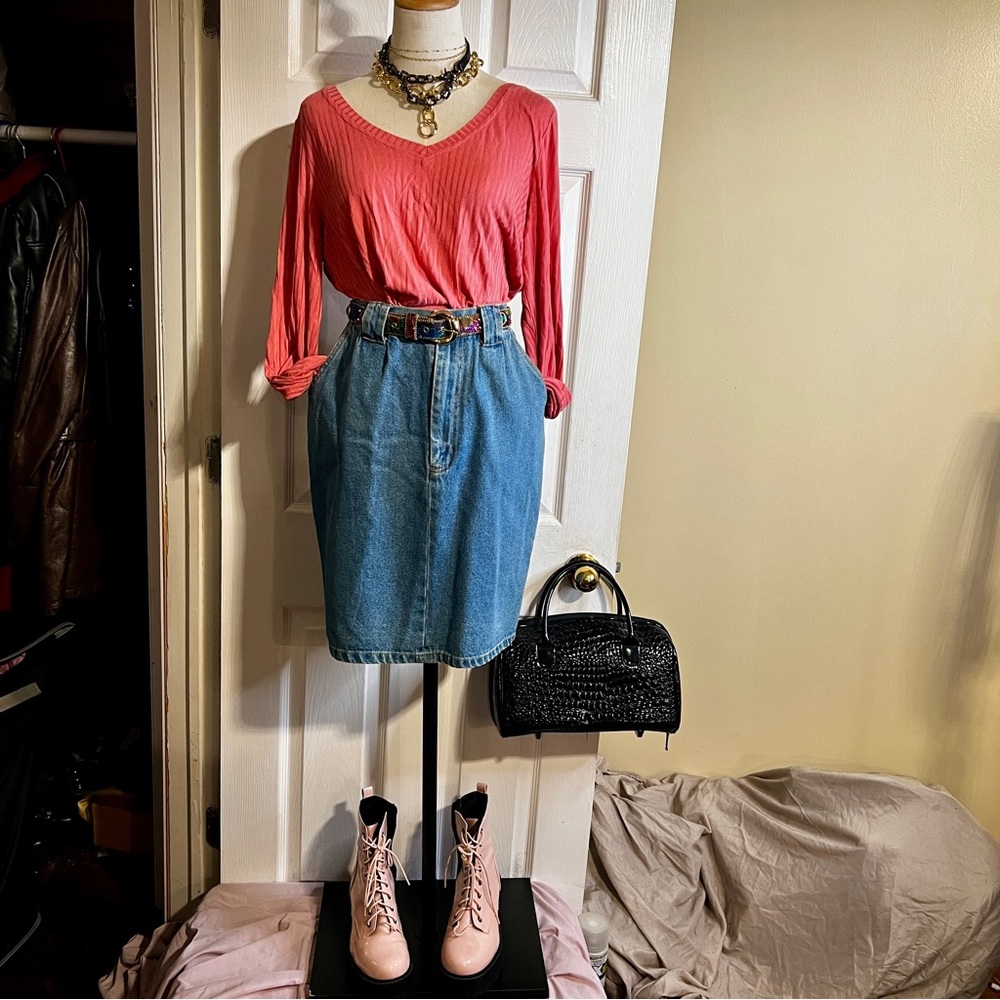 WestPort Wms Vintage Denim Pleated High Waist Knee Length Skirt Casual Cotton 26
